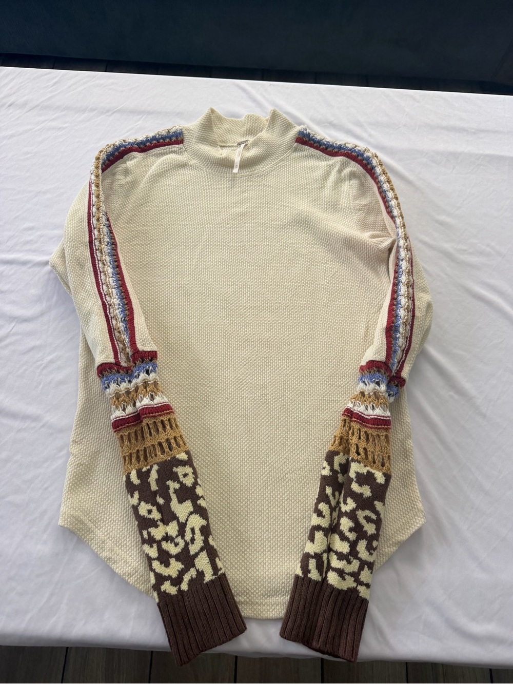 Free People Cream Knit Pullover with Multicolor Patterned Sleeves